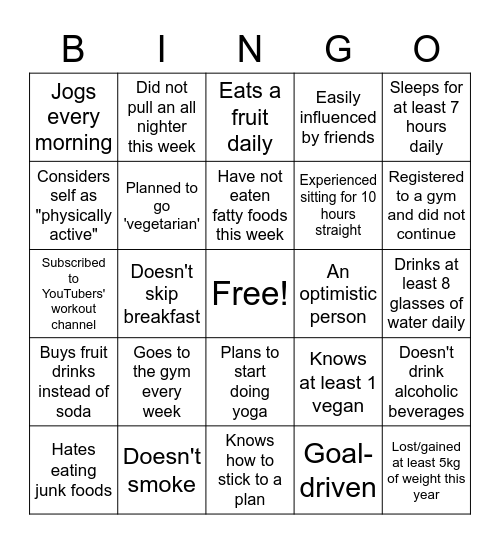 Your Fitness Bingo Card