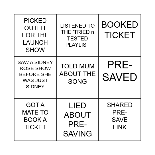SIDNEY BINGO Card