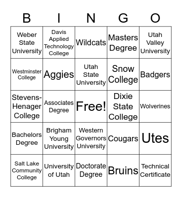 Utah Educational BINGO Card