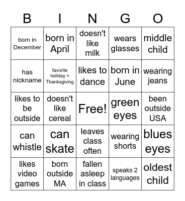 About You Bingo Card