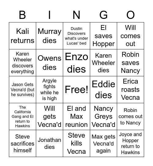 STRANGER THINGS Bingo Card