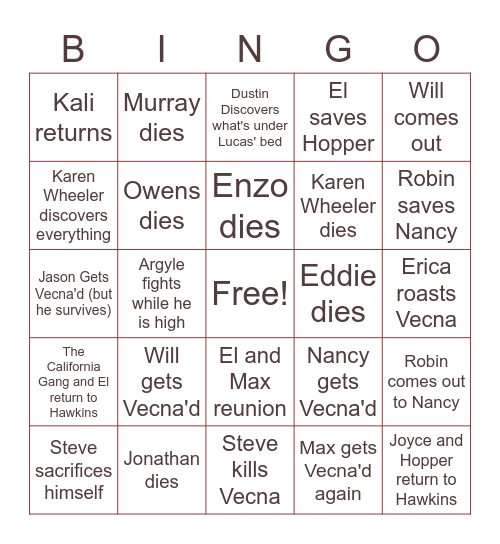 STRANGER THINGS Bingo Card