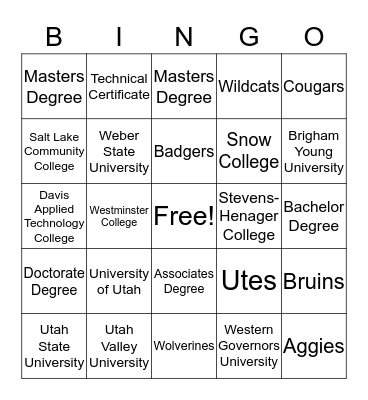 Utah Educational BINGO Card