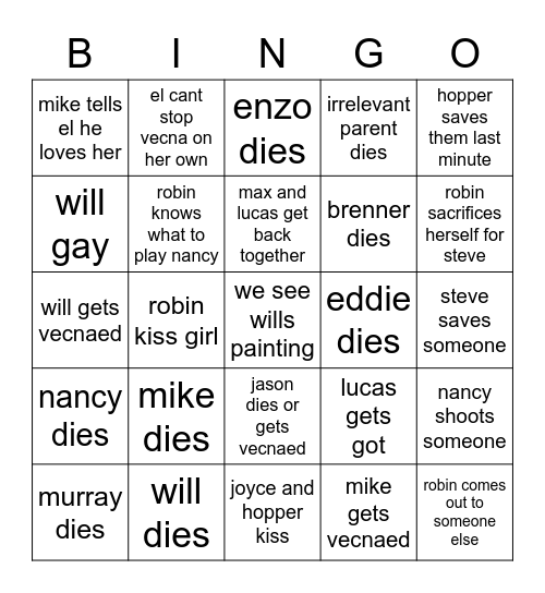 Stranger Things Bingo Card