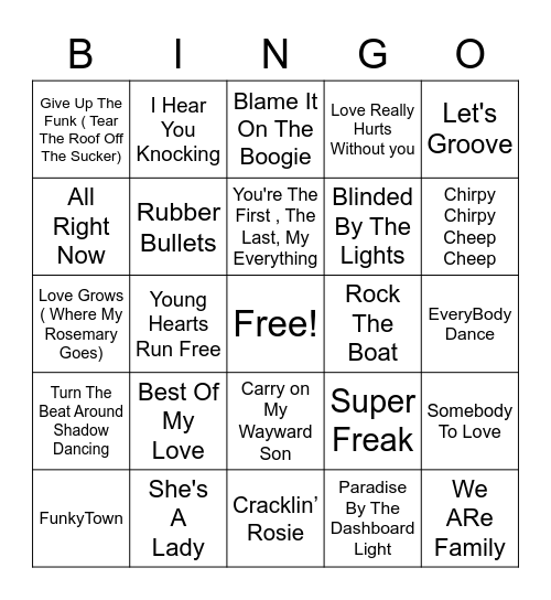 70's Night Bingo Card