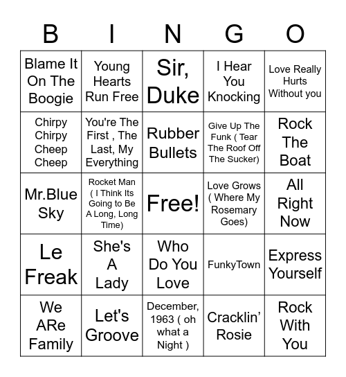 70's Night Bingo Card