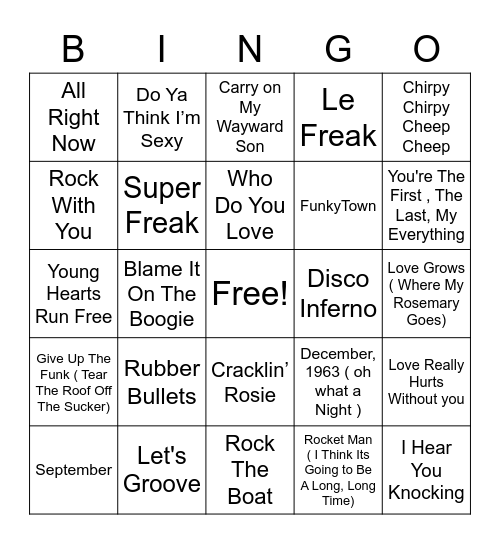 70's Night Bingo Card