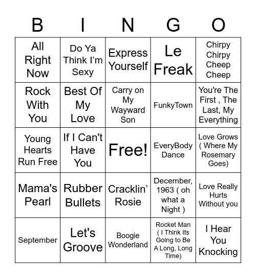 70's Night Bingo Card