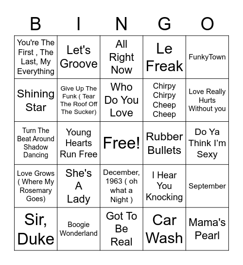 70's Night Bingo Card