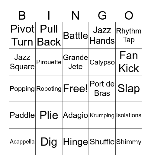 Dance Terminology  Bingo Card