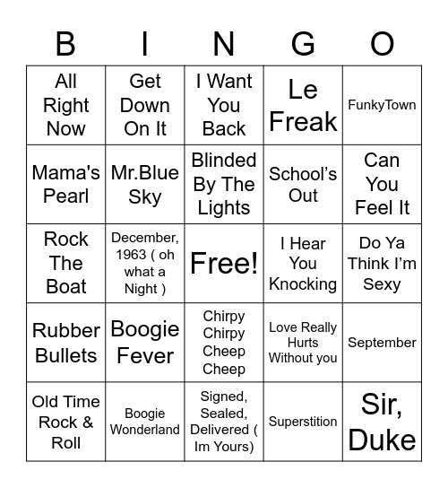 70's Night Bingo Card