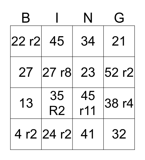 Division Bingo Card