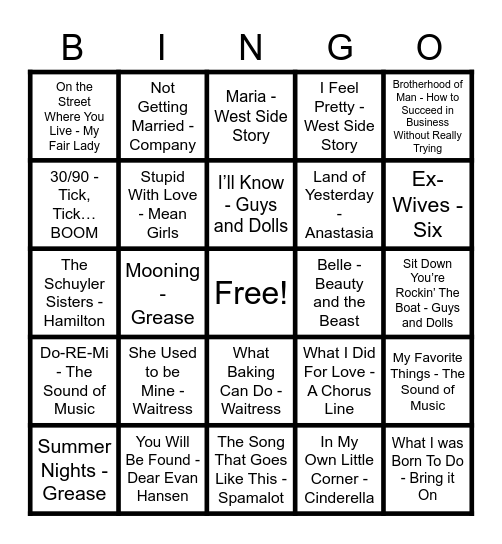 The Island Theater Broadway Bingo Card