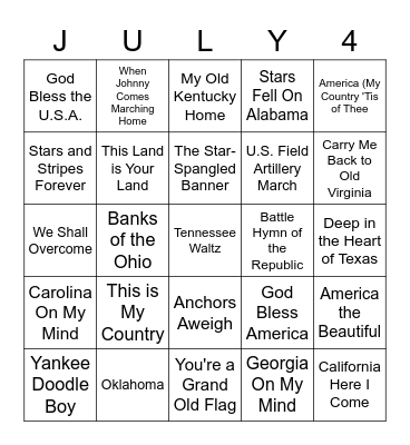 4th of July Song Bingo Card