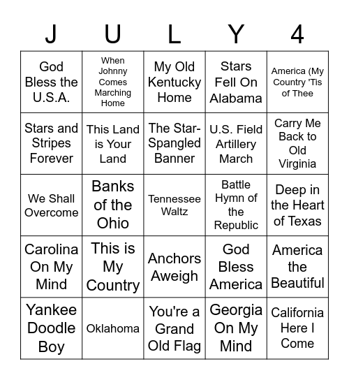 4th of July Song Bingo Card