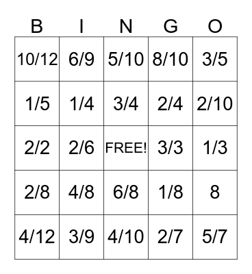 Fractions Bingo Card