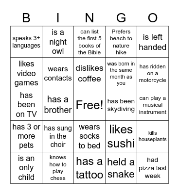 Get To Know You Bingo Card