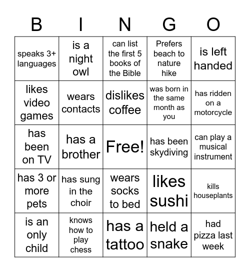 Get To Know You Bingo Card