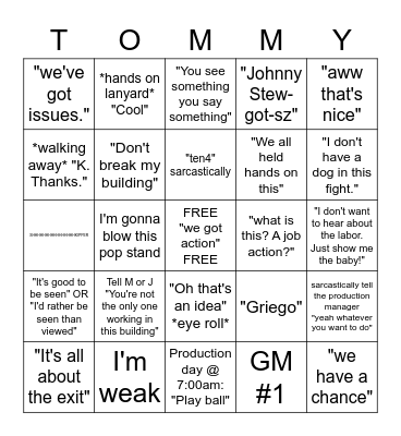 Tommy Doloughty Concert Week Bingo Card