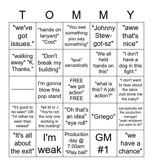 Tommy Doloughty Concert Week Bingo Card