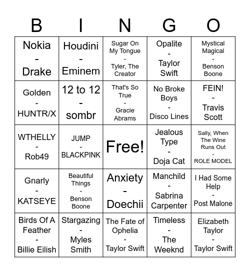 Today's Hits Bingo Card