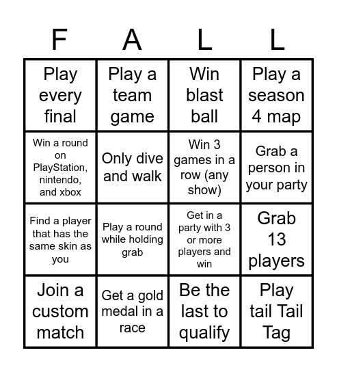 Fall guys Bingo Card