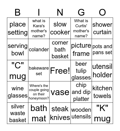 Kara's shower Bingo Card