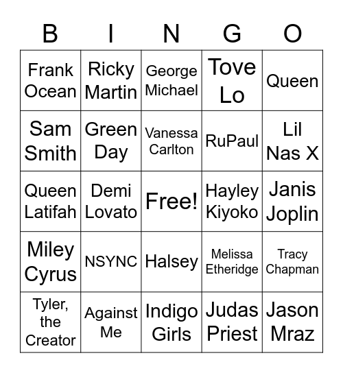 PRIDE Music Bingo Card