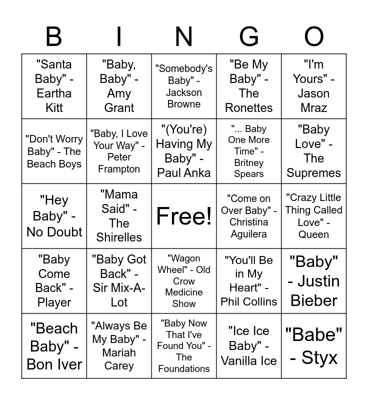 BABY J Bingo Card