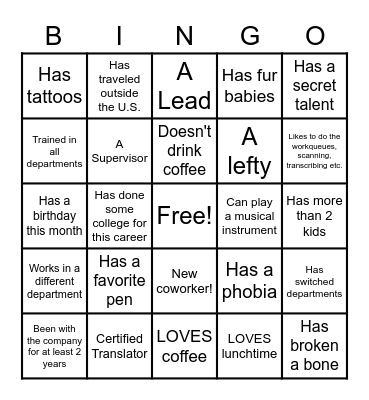 Patient Access: Find a coworker who.... Bingo Card