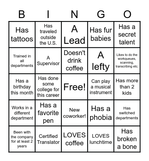Patient Access: Find a coworker who.... Bingo Card