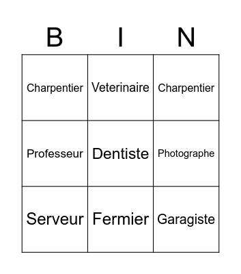 Les professions et les métiers Bingo Card