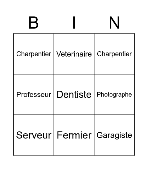 Les professions et les métiers Bingo Card