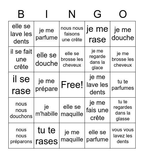 Reflexive verbs Bingo Card