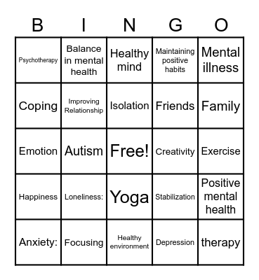 Mental Health awareness Bingo Card