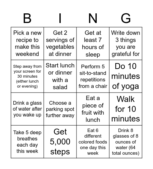 Wellness Bingo Card