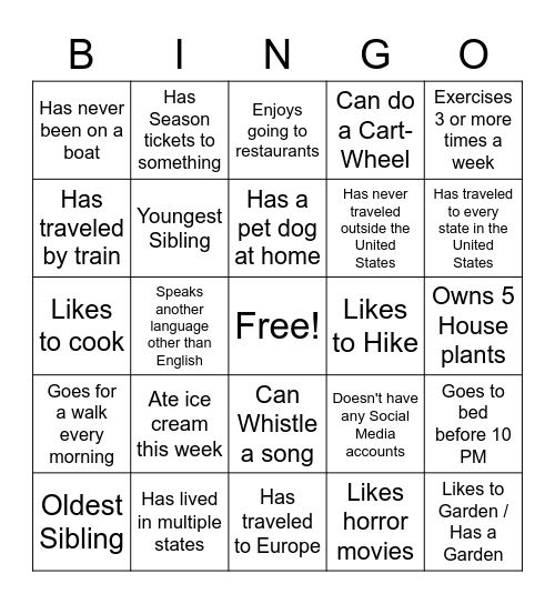 Get To Know You Bingo Card