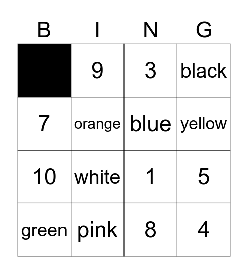 Numbers and colours Bingo Card