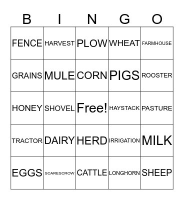 DOWN ON THE FARM Bingo Card