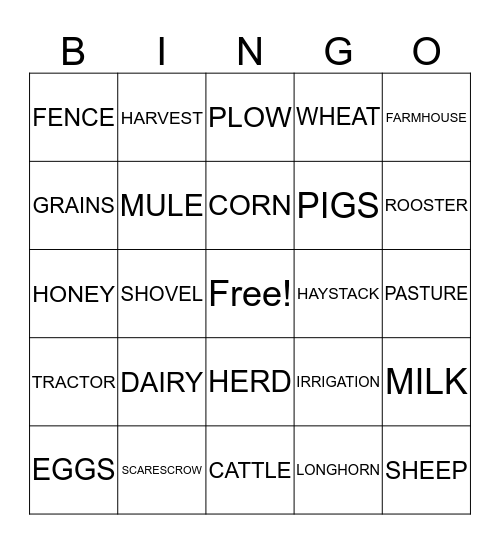 DOWN ON THE FARM Bingo Card