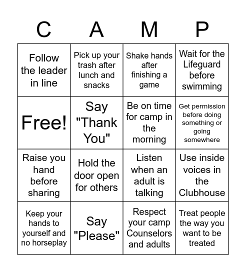 Camp Manners Bingo Card
