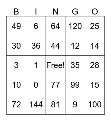 Multiplication Bingo Card