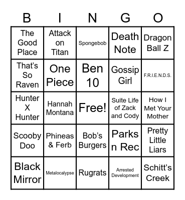 Theme Song Bingo Card