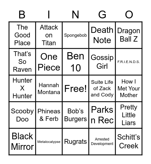 Theme Song Bingo Card