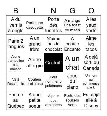 Bingo Humain Bingo Card