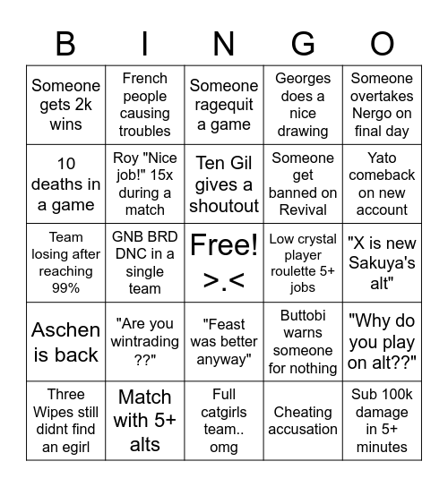 CC Chaos: Last Week Bingo Card