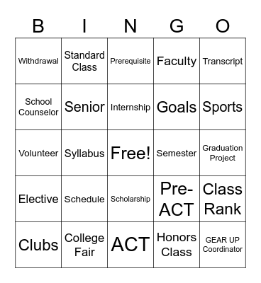 GEAR UP Lingo Bingo Card