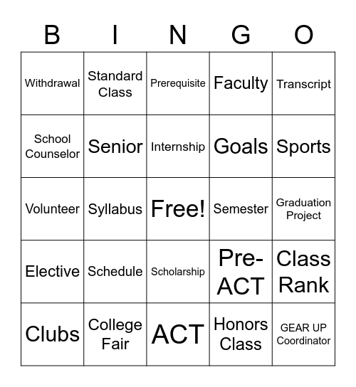 GEAR UP Lingo Bingo Card