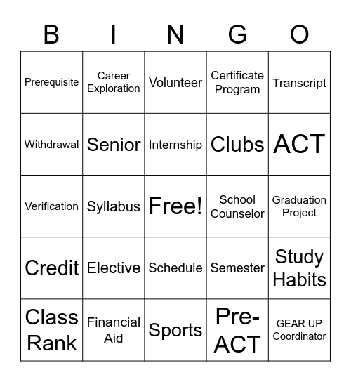 GEAR UP Lingo Bingo Card