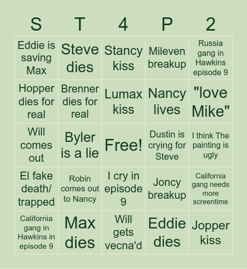 Stranger Things 4 P2 Bingo Card